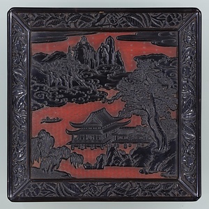 楼閣山水堆黒盆