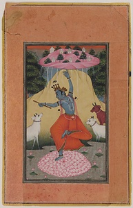 ゴーヴァルダナ山を持ち上げるクリシュナ