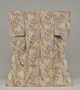 着物 染分縮緬地更紗切継模様