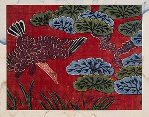 彦根更紗 赤紫地松鳥文様更紗