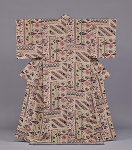 着物 白縮緬地バティック切継模様