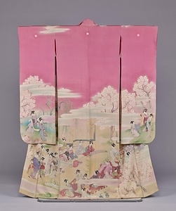 振袖 赤紫色縮緬地観桜遊楽模様