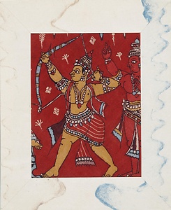 彦根更紗 赤地弓を引く男性図更紗（人形手）