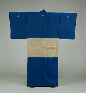 熨斗目  紺地横縞模様　四ツ目結紋付
