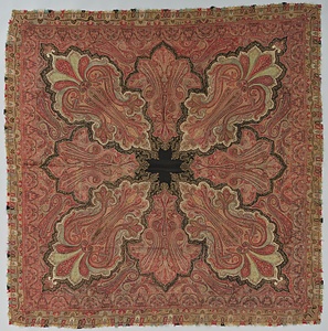 カシミヤ・ショール 赤地ペイズリー文様綴織縫い合わせ