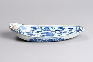 染付鳳凰文舟形盃台