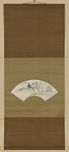 江辺樹色図扇面