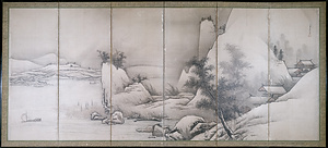 雲谷等顔　紙本墨書　楼閣山水（国華所載）六曲一双