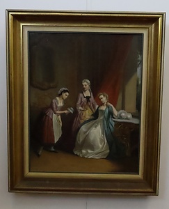 花束を持つ侍女と青い服を着た貴婦人