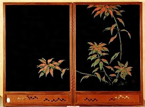 楓雁来紅彫漆屏風