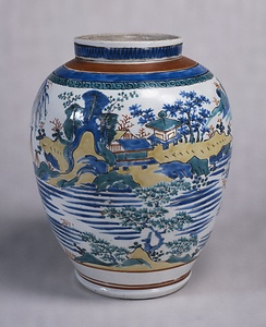 色絵山水文壺　伊万里・柿右衛門様式