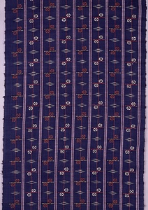 絹紺地経縞に緯絣緯浮ジンバナ文様花織着尺