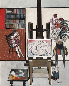 アトリエの中の母子