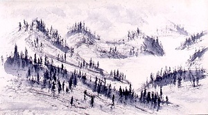 水墨連山風景図