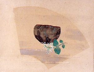 扇面漉込水墨岩彩うの花と茶碗図