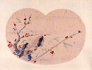 水墨淡彩紅梅図