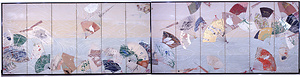 極彩色扇面流　六曲屏風一双
