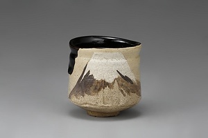 黒織部富士絵筒形茶碗