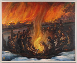 震災追憶油絵「菅峠に於いて炊出しを受ける図」