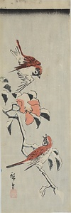雪中椿に雀