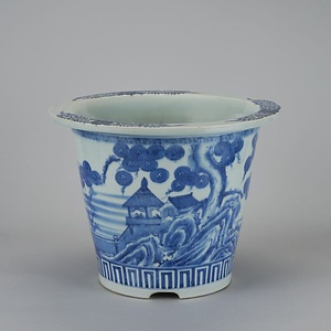 染付山水舟文植木鉢