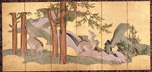 紙本金地著色群鹿図屏風　佐々木泉景筆