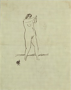 両手を胸の前にした裸婦立像