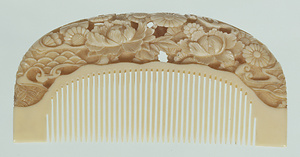 波に牡丹と菊透彫象牙櫛