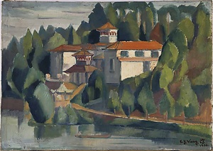 油彩「杭州湖畔」