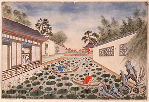 中国楼閣に採蓮図