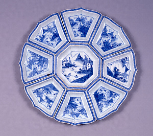 染付楼閣山水文花形皿揃い