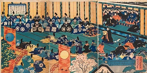 神武天皇御即位大慶寛仁大日本和合万世不朽之大業を創し給ひ文武誠忠之諸将に褒賞を給ふ図 　万国之公使入貢