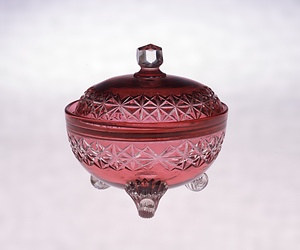 切子金赤被せ格子文ガラス蓋物