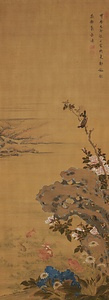 薔薇に小禽金魚図
