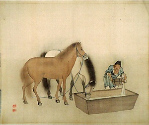 楠亭諸子絹本画巻　4）馬飼図