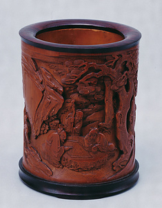 山水人物彫竹筆立