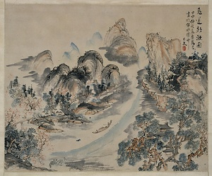 紙本著色兎道朝暾図〈青木木米筆／甲申仲秋の年記がある〉