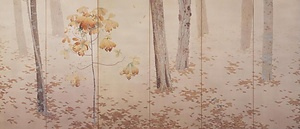 紙本著色落葉図〈菱田春草筆／六曲屏風〉