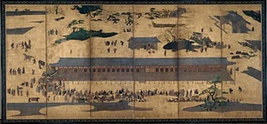 紙本金地著色三十三間堂通矢図〈／六曲屏風〉